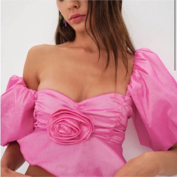 For Love And Lemons Tops - For Love and Lemons Judith Pink Puff Sleeve Crop Top-Size Large